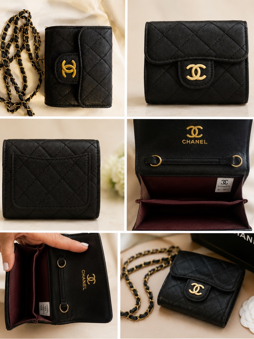 Source Unknown Black Quilted Wallet-on-Chain with Gold Hardware